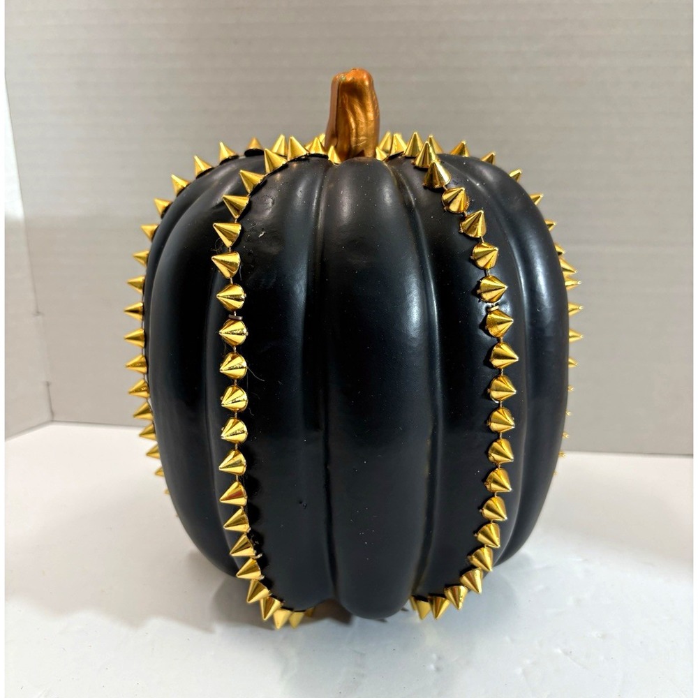 Black plastic Pumpkin with Gold Studded Accents, Halloween Gothic 8 in